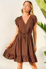 Hetta Mini Dress - V Neck Dress with Adjustable Tie Waist and Flutter Cap Sleeves in Mally Spot Print Brown