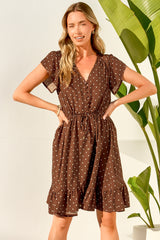 Hetta Mini Dress - V Neck Dress with Adjustable Tie Waist and Flutter Cap Sleeves in Mally Spot Print Brown