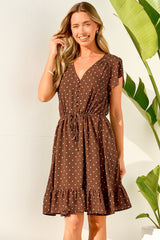 Hetta Mini Dress - V Neck Dress with Adjustable Tie Waist and Flutter Cap Sleeves in Mally Spot Print Brown