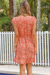 Hetta Mini Dress - V Neck Dress with Adjustable Tie Waist and Flutter Cap Sleeves in Montie Print