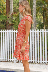 Hetta Mini Dress - V Neck Dress with Adjustable Tie Waist and Flutter Cap Sleeves in Montie Print
