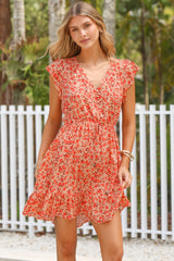 Hetta Mini Dress - V Neck Dress with Adjustable Tie Waist and Flutter Cap Sleeves in Montie Print