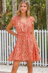 Hetta Mini Dress - V Neck Dress with Adjustable Tie Waist and Flutter Cap Sleeves in Montie Print