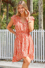 Hetta Mini Dress - V Neck Dress with Adjustable Tie Waist and Flutter Cap Sleeves in Montie Print