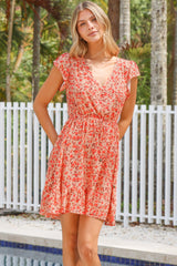 Hetta Mini Dress - V Neck Dress with Adjustable Tie Waist and Flutter Cap Sleeves in Montie Print