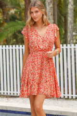 Hetta Mini Dress - V Neck Dress with Adjustable Tie Waist and Flutter Cap Sleeves in Montie Print
