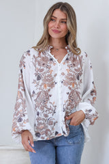 Hilary Blouse - Mandarin Collar Linen Button Down with Balloon Sleeves in Gemma Print Coffee