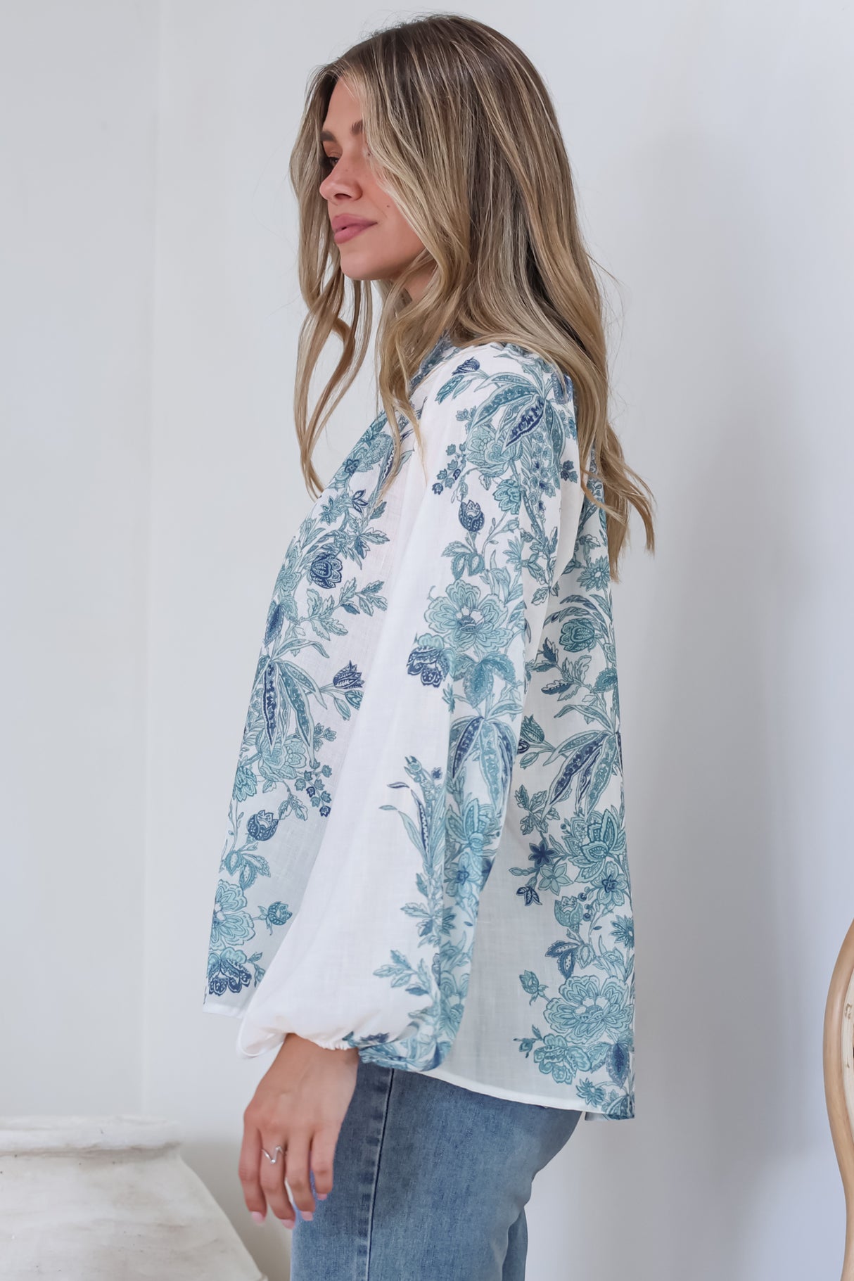 Hilary Blouse - Mandarin Collar Linen Button Down with Balloon Sleeves in Gemma Print Blue
