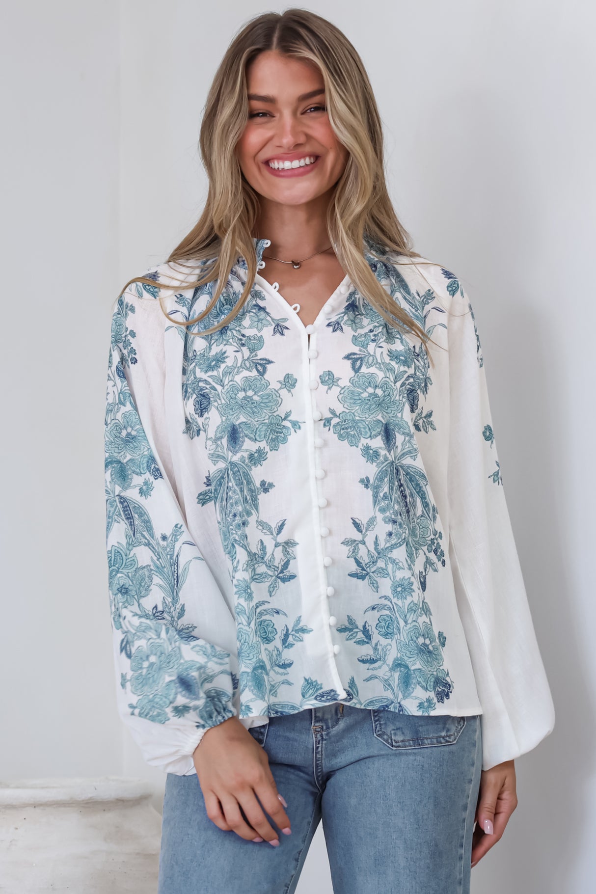 Hilary Blouse - Mandarin Collar Linen Button Down with Balloon Sleeves in Gemma Print Blue