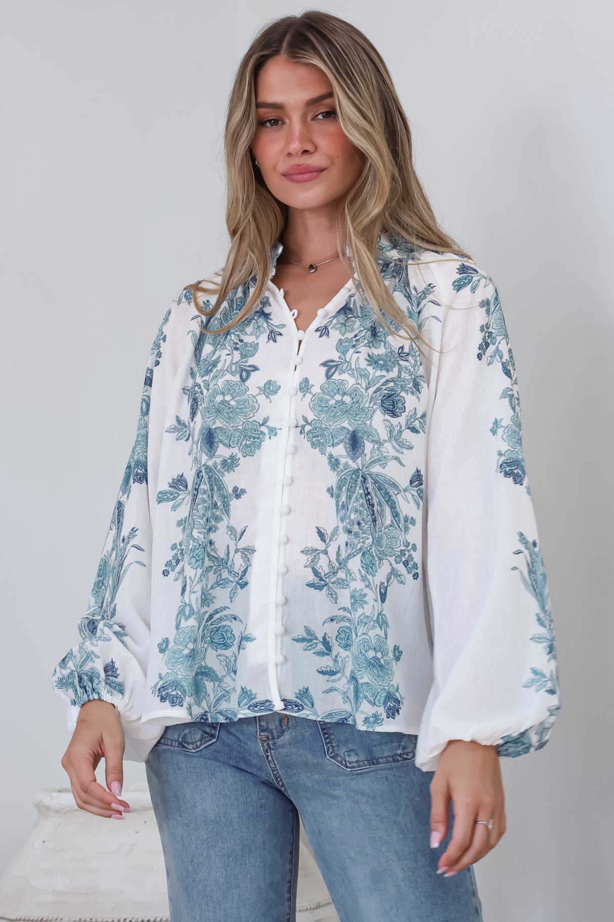 Hilary Blouse - Mandarin Collar Linen Button Down with Balloon Sleeves in Gemma Print Blue