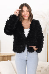 Hilton Jacket - Faux Fur Open Front Jacket in Black