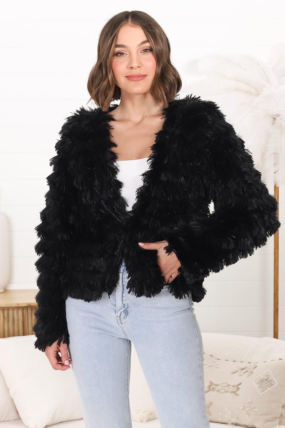 Hilton Jacket - Faux Fur Open Front Jacket in Black