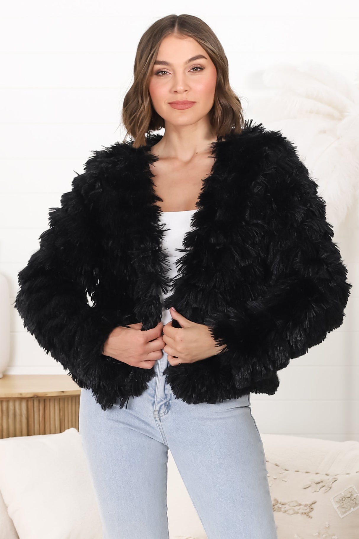 Hilton Jacket - Faux Fur Open Front Jacket in Black