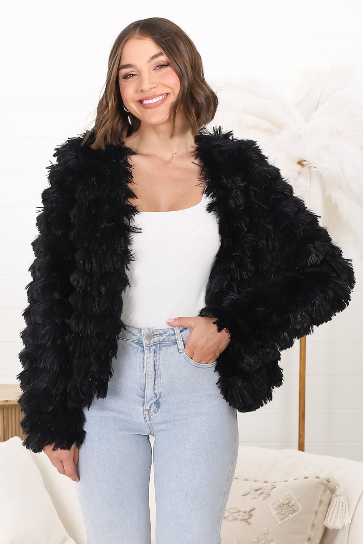 Hilton Jacket - Faux Fur Open Front Jacket in Black