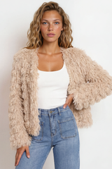 Model wearing Hilton Jacket in Beige from Salty Crush