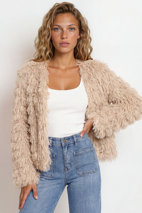 Model wearing Hilton Jacket in Beige from Salty Crush