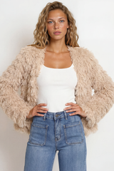 Model wearing Hilton Jacket in Beige from Salty Crush