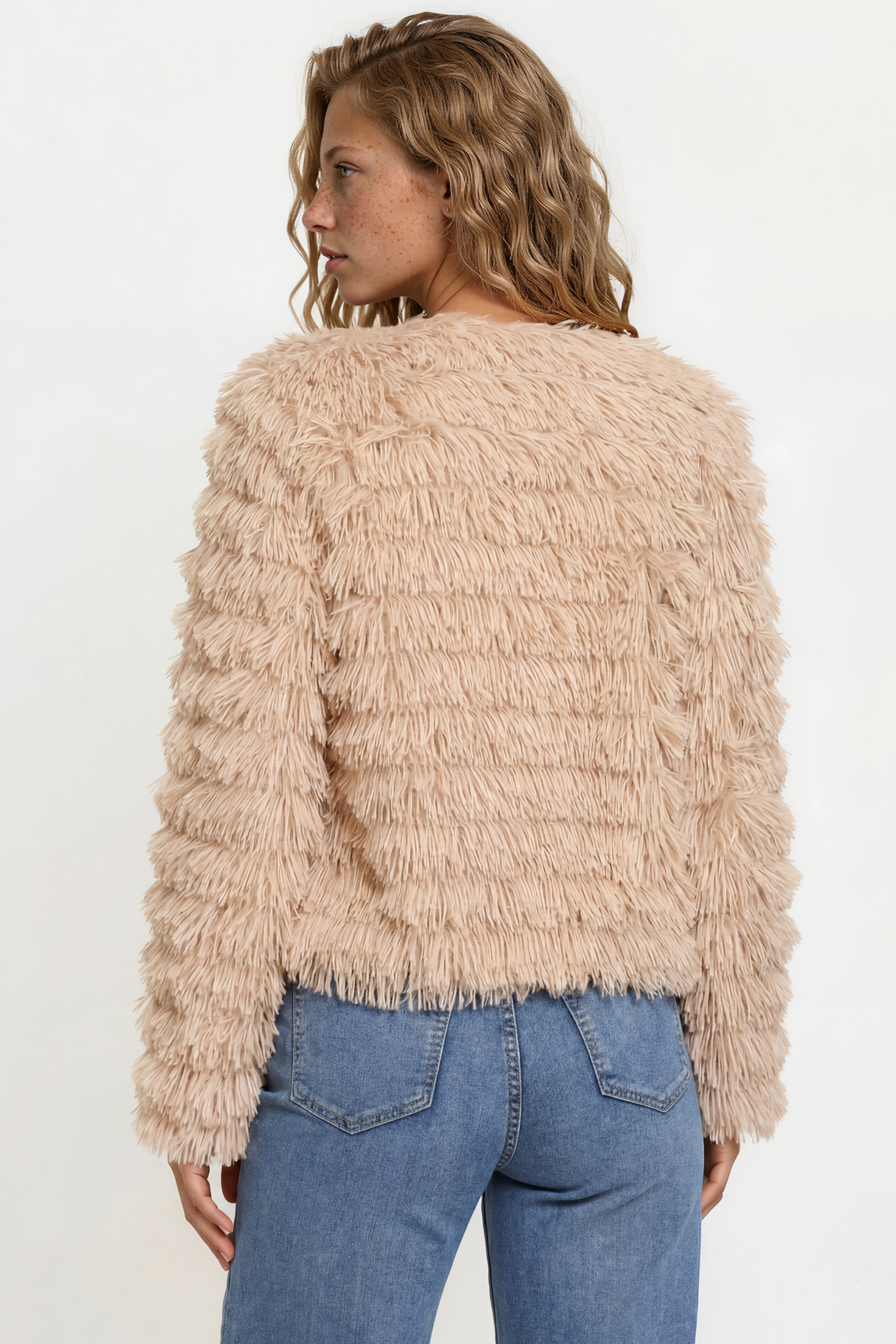 Model wearing Hilton Jacket in Beige from Salty Crush