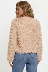 Model wearing Hilton Jacket in Beige from Salty Crush
