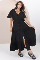 Anya Maxi Dress - Flutter Cap Sleeve Pull Tie Waist Dress in Black