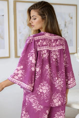 Hollie Blouse - Mandarin Collar Button Down in Briella Print Berry