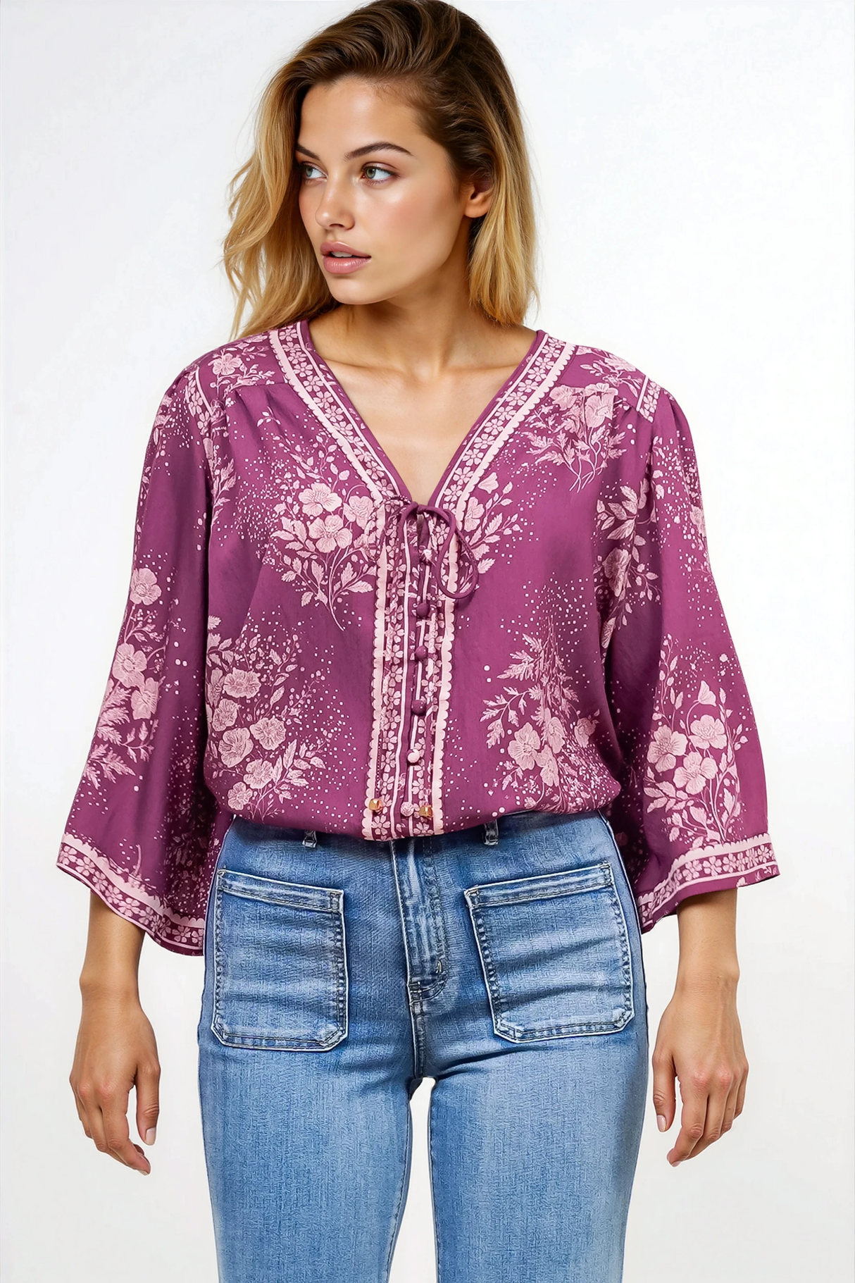 Hollie Blouse - Mandarin Collar Button Down in Briella Print Berry