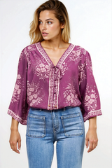 Hollie Blouse - Mandarin Collar Button Down in Briella Print Berry