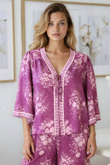 Hollie Blouse - Mandarin Collar Button Down in Briella Print Berry