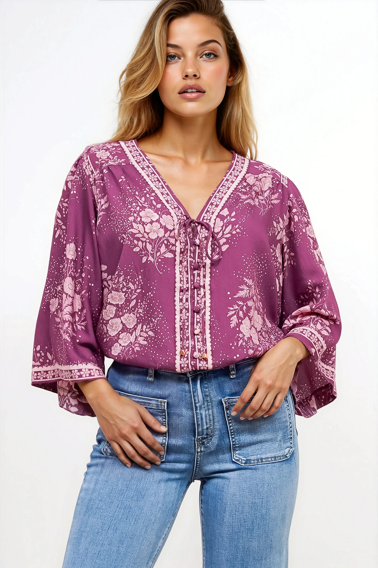 Hollie Blouse - Mandarin Collar Button Down in Briella Print Berry