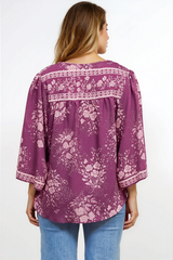Hollie Blouse - Mandarin Collar Button Down in Briella Print Berry