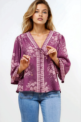 Hollie Blouse - Mandarin Collar Button Down in Briella Print Berry