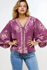 Hollie Blouse - Mandarin Collar Button Down in Briella Print Berry