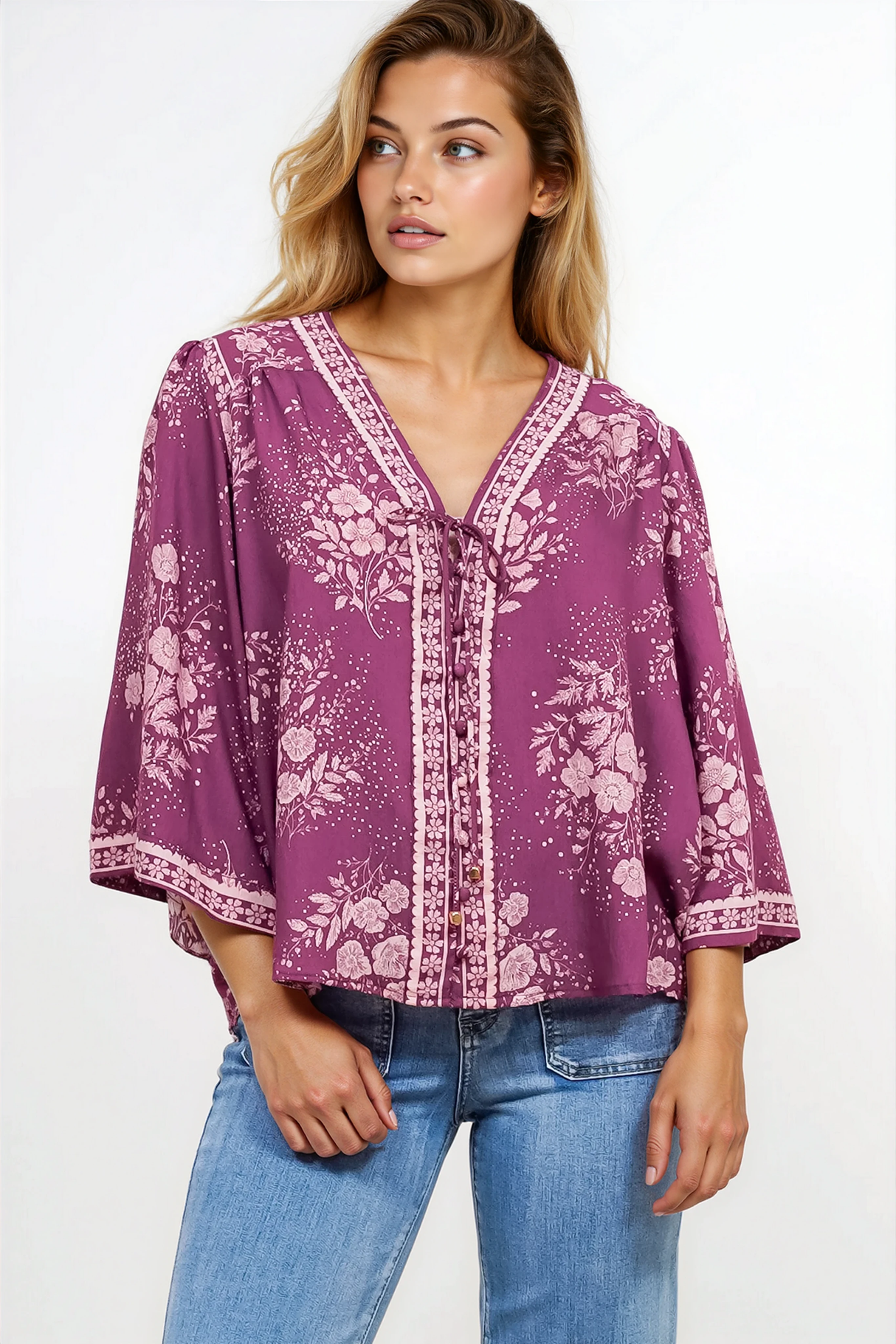 Hollie Blouse - Mandarin Collar Button Down in Briella Print Berry