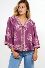 Hollie Blouse - Mandarin Collar Button Down in Briella Print Berry
