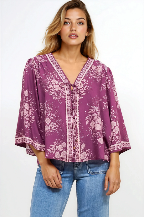 Model wearing Hollie Blouse in Briella Print Berry from Salty Crush