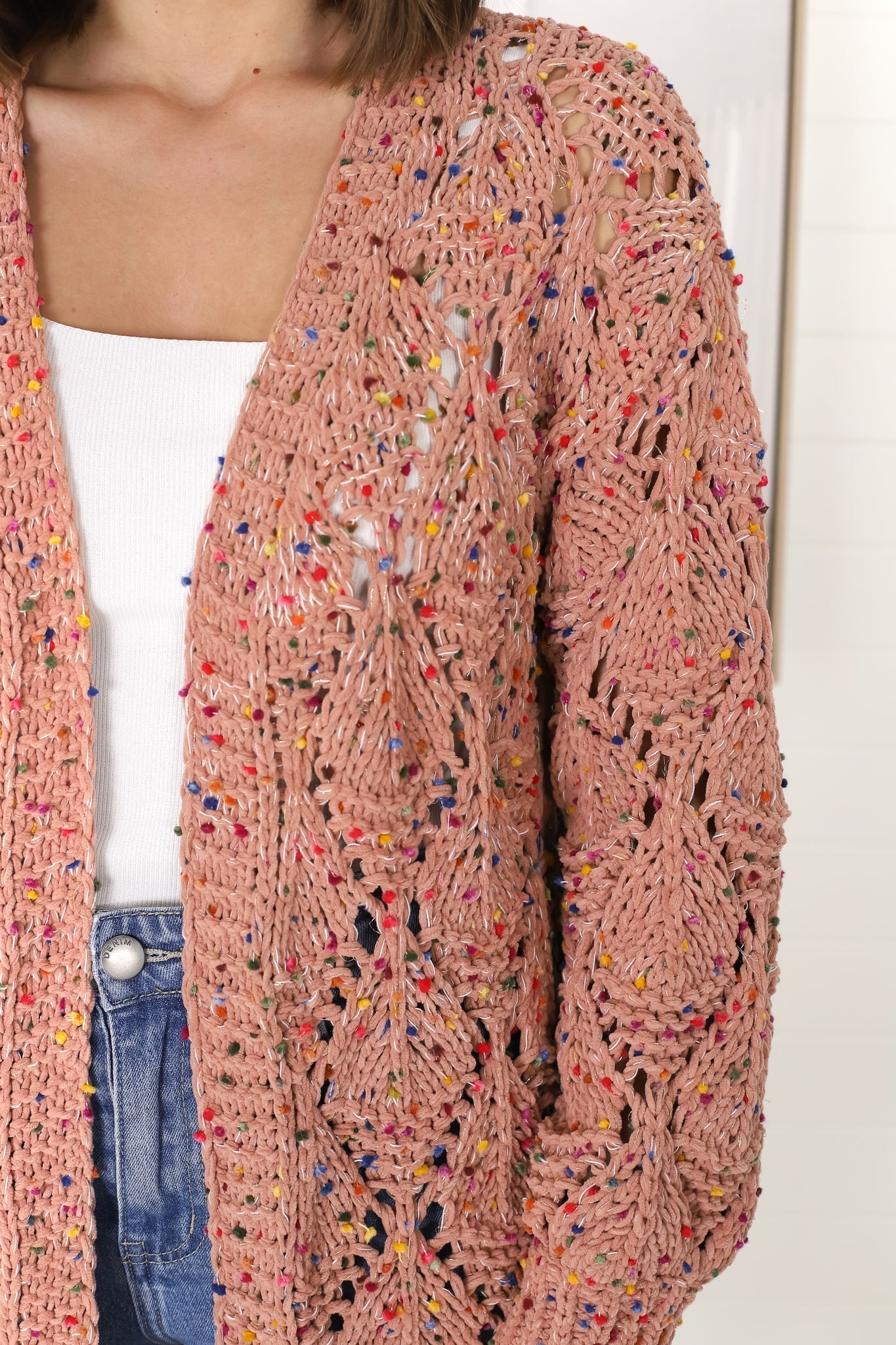 Honour Cardigan - Rainbow Speck Open Knit Cardigan in Coco Blush