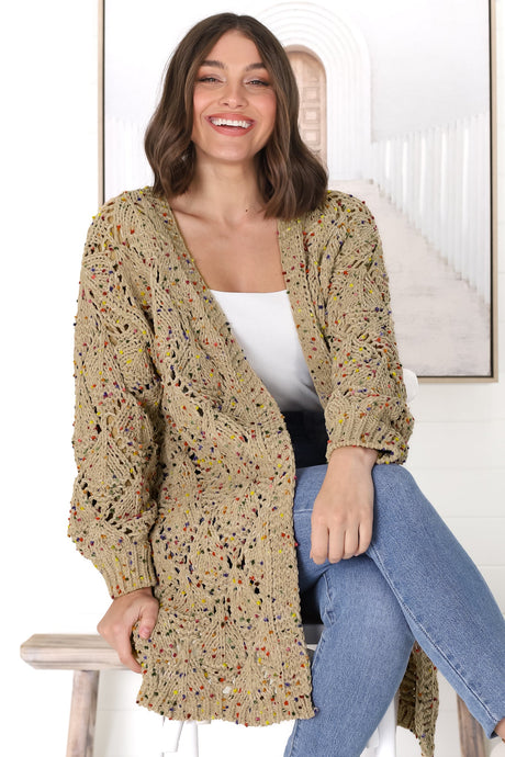 Honour Cardigan - Rainbow Speck Open Knit Cardigan in  Pistachio