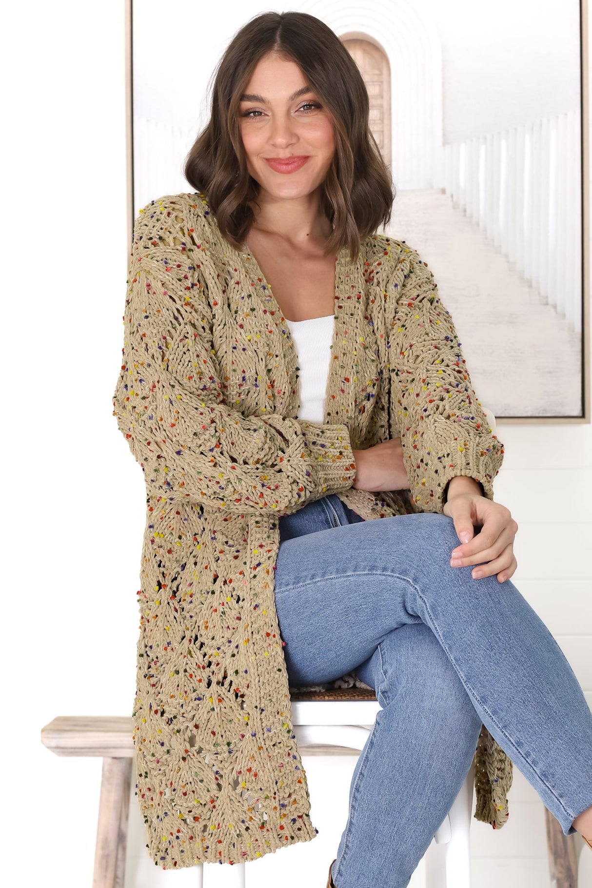 Honour Cardigan - Rainbow Speck Open Knit Cardigan in  Pistachio