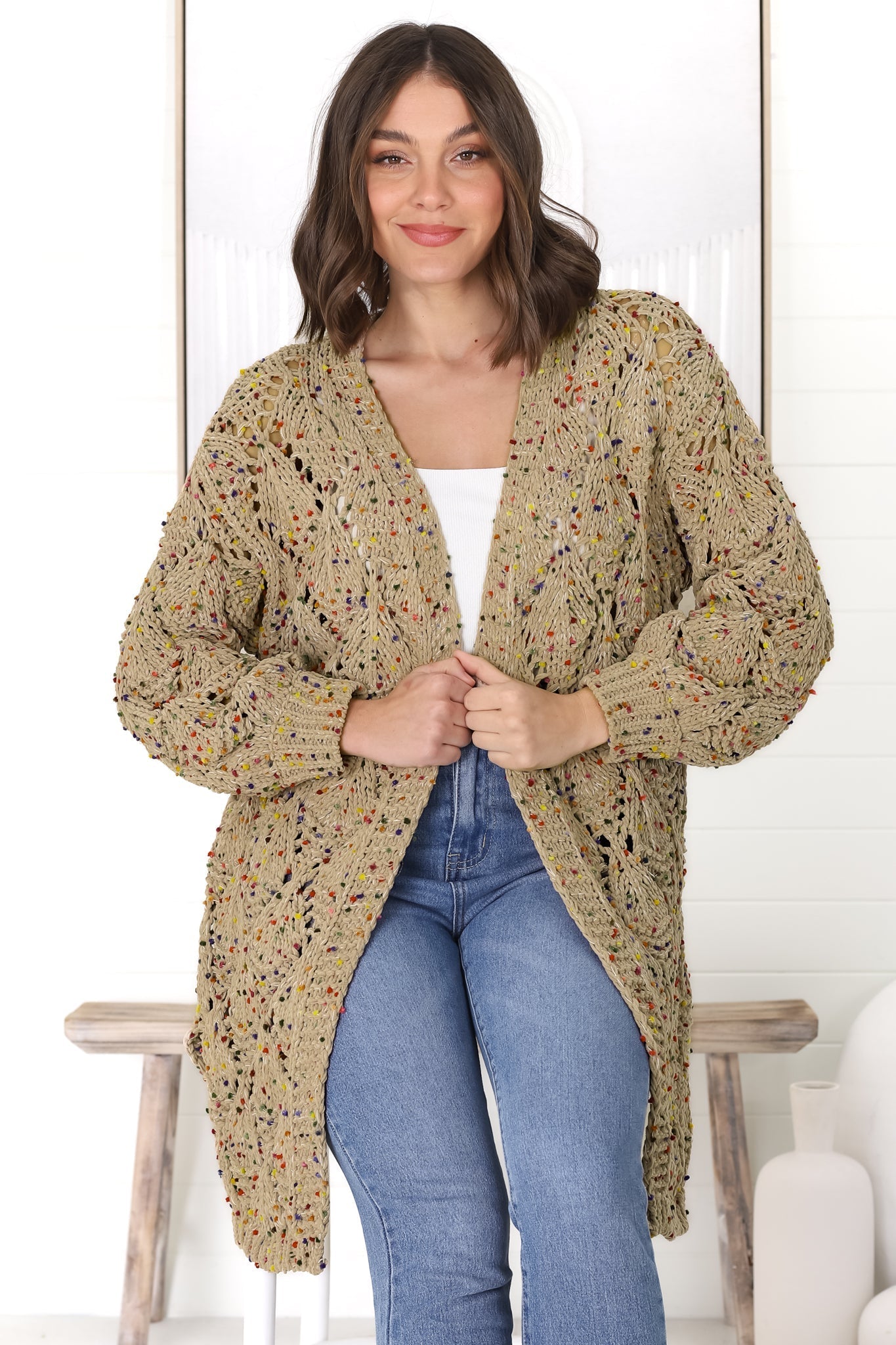 Honour Cardigan - Rainbow Speck Open Knit Cardigan in  Pistachio