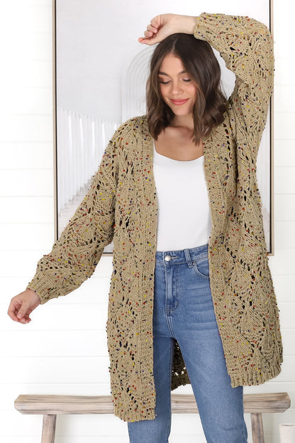 Honour Cardigan - Rainbow Speck Open Knit Cardigan in  Pistachio