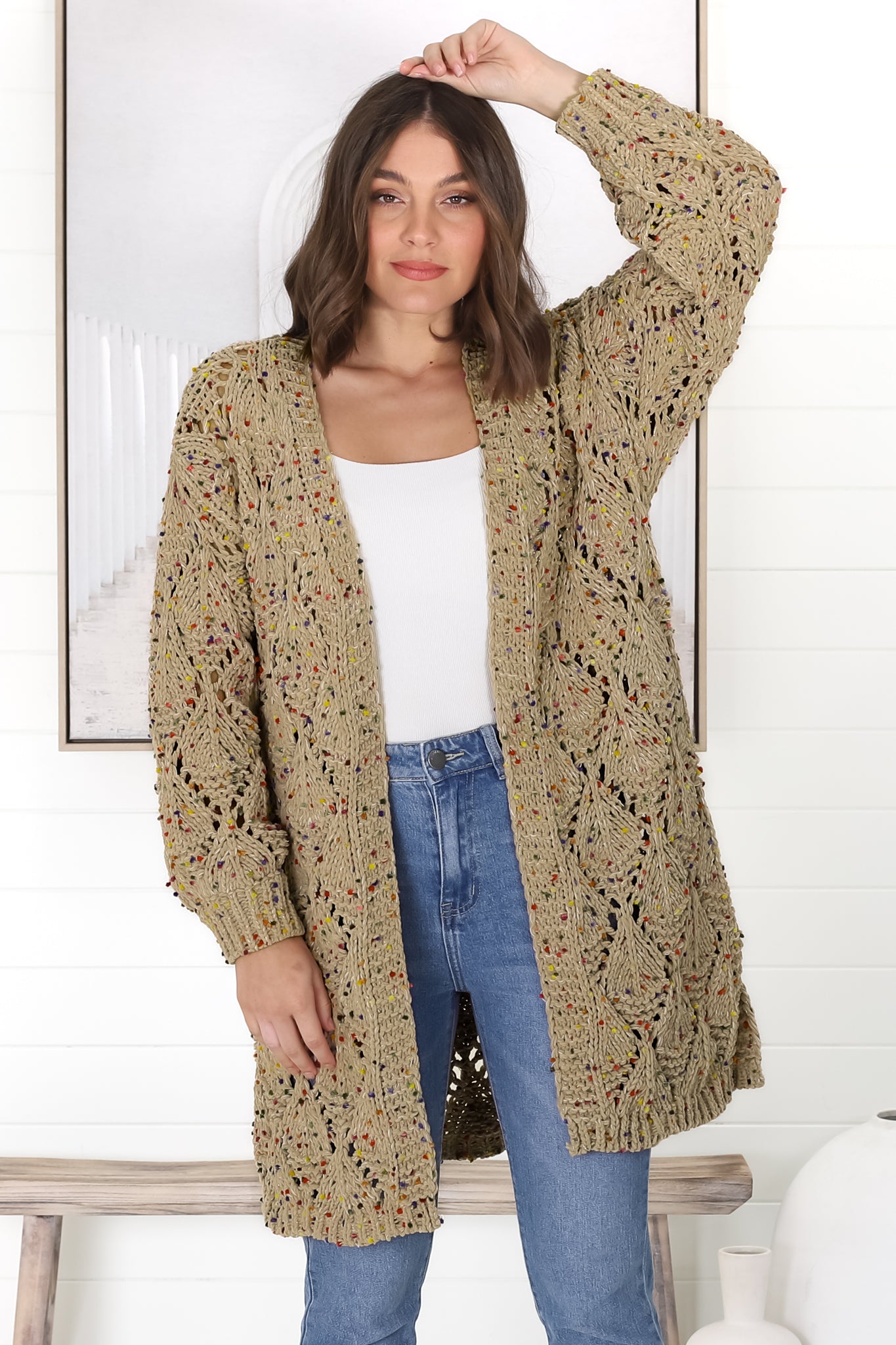 Honour Cardigan - Rainbow Speck Open Knit Cardigan in  Pistachio