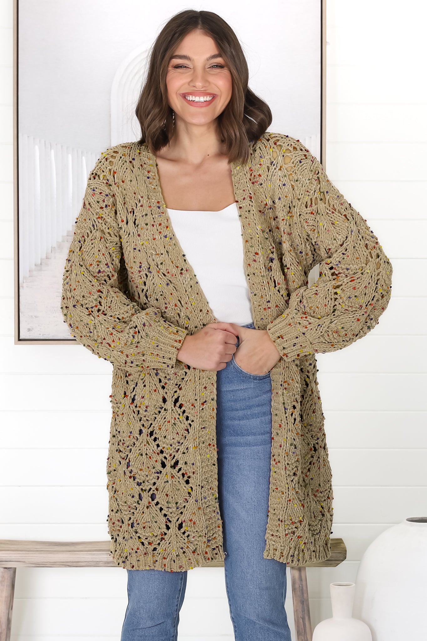 Honour Cardigan - Rainbow Speck Open Knit Cardigan in  Pistachio