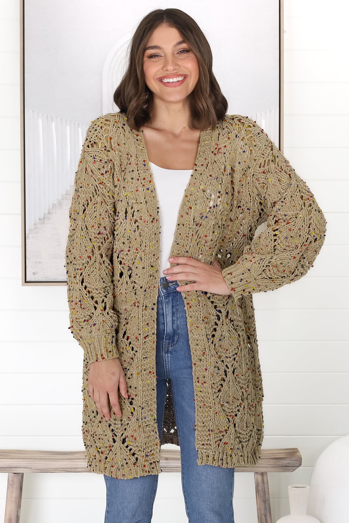 Honour Cardigan - Rainbow Speck Open Knit Cardigan in  Pistachio