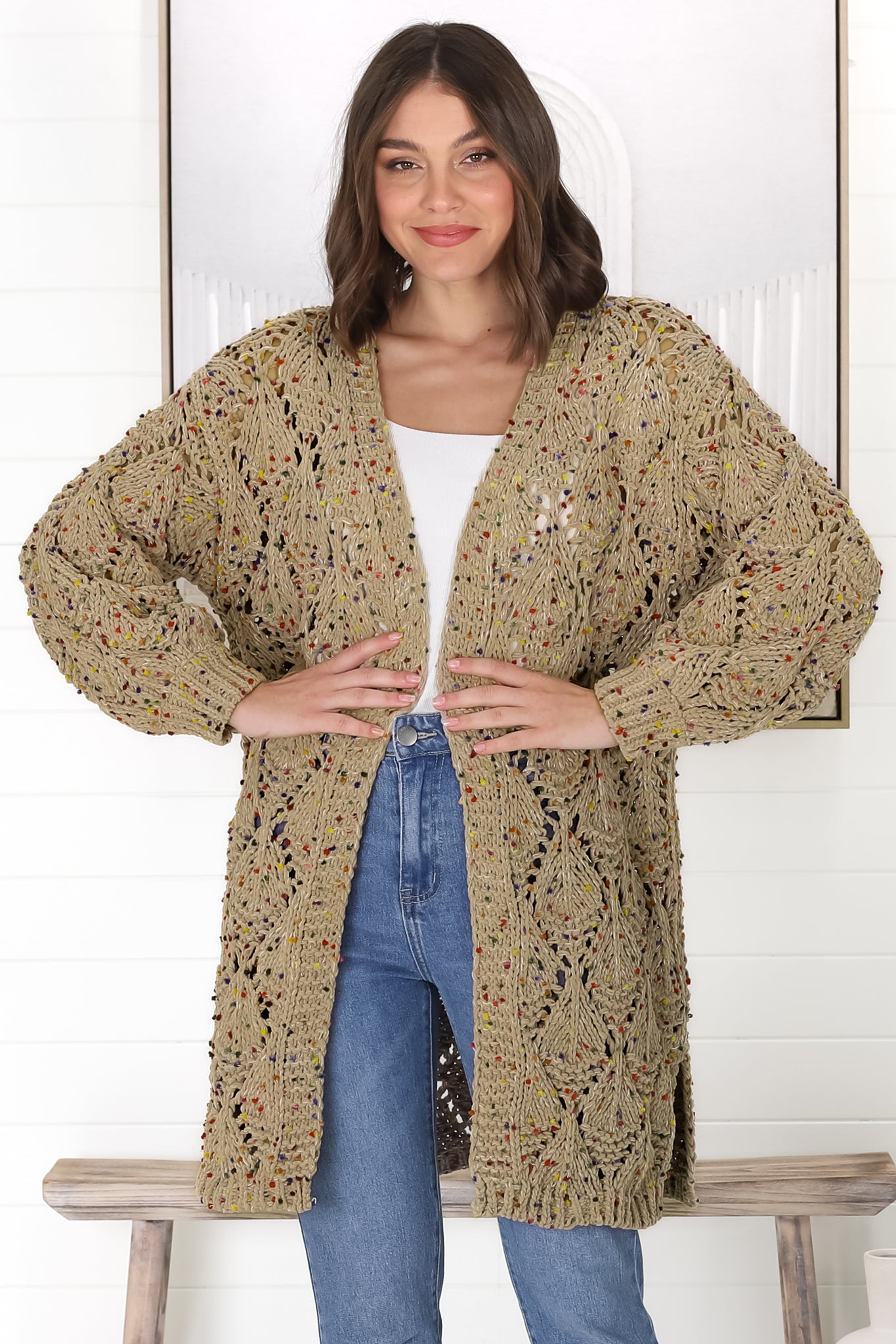 Honour Cardigan - Rainbow Speck Open Knit Cardigan in  Pistachio