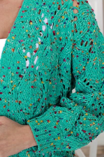 Honour Cardigan - Rainbow Speck Open Knit Cardigan in Seafoam Green