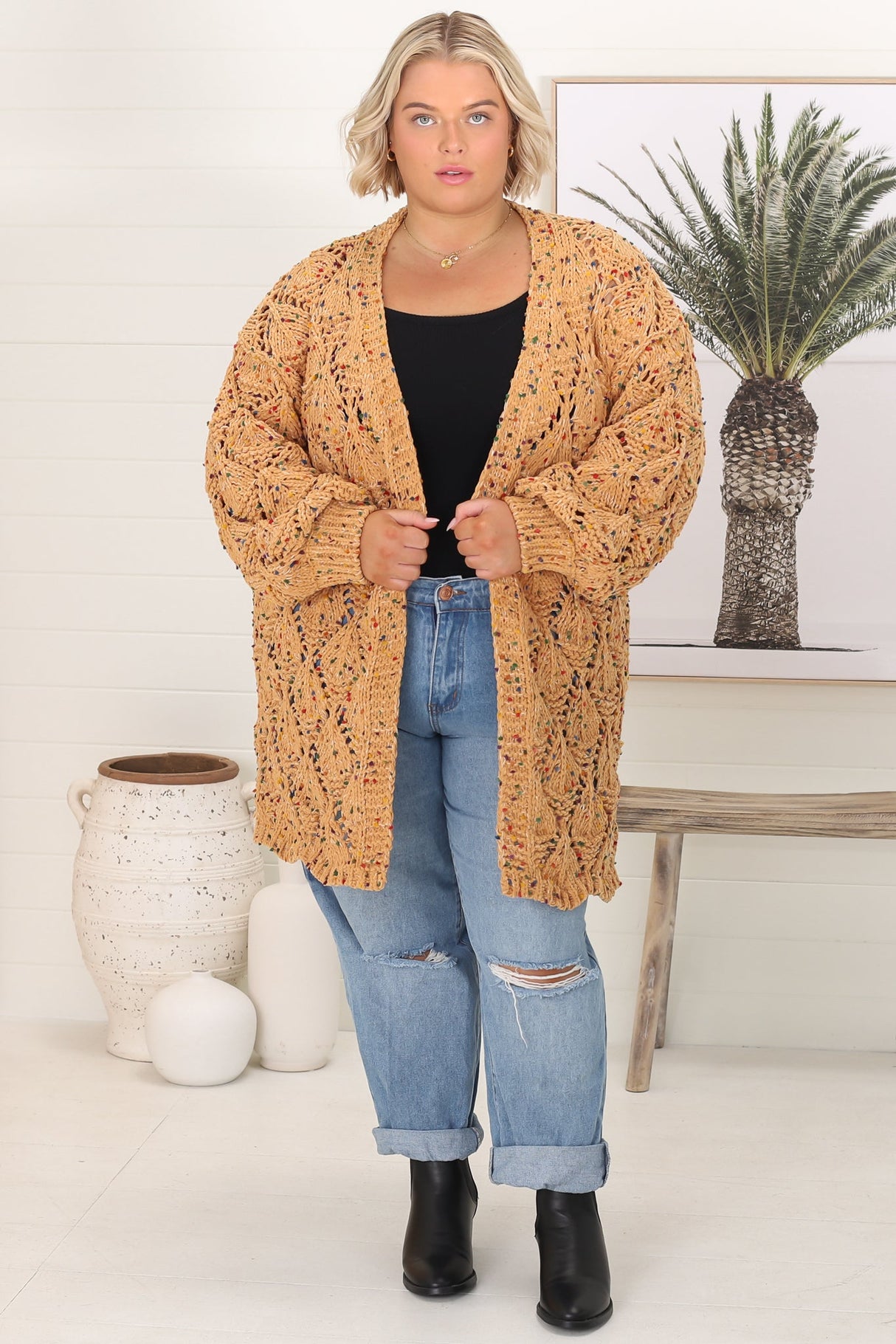 JAASE - Honour Cardigan: Rainbow Speck Open Knit Cardigan in Mustard