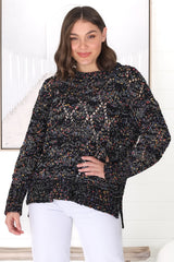 Honour Jumper - Rainbow Speck Open Crochet Knit Jumper in Black