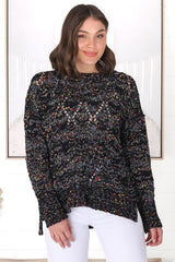 Honour Jumper - Rainbow Speck Open Crochet Knit Jumper in Black