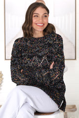 Honour Jumper - Rainbow Speck Open Crochet Knit Jumper in Black