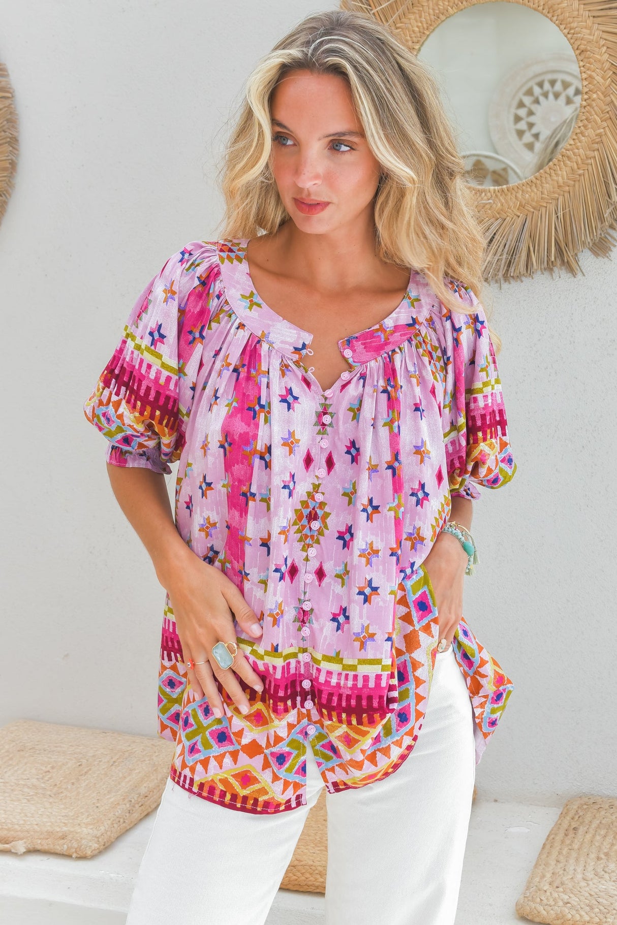 JAASE - Hope Blouse: Mandarin Collar Button Down with Balloon Sleeves in Lost Tribe Print